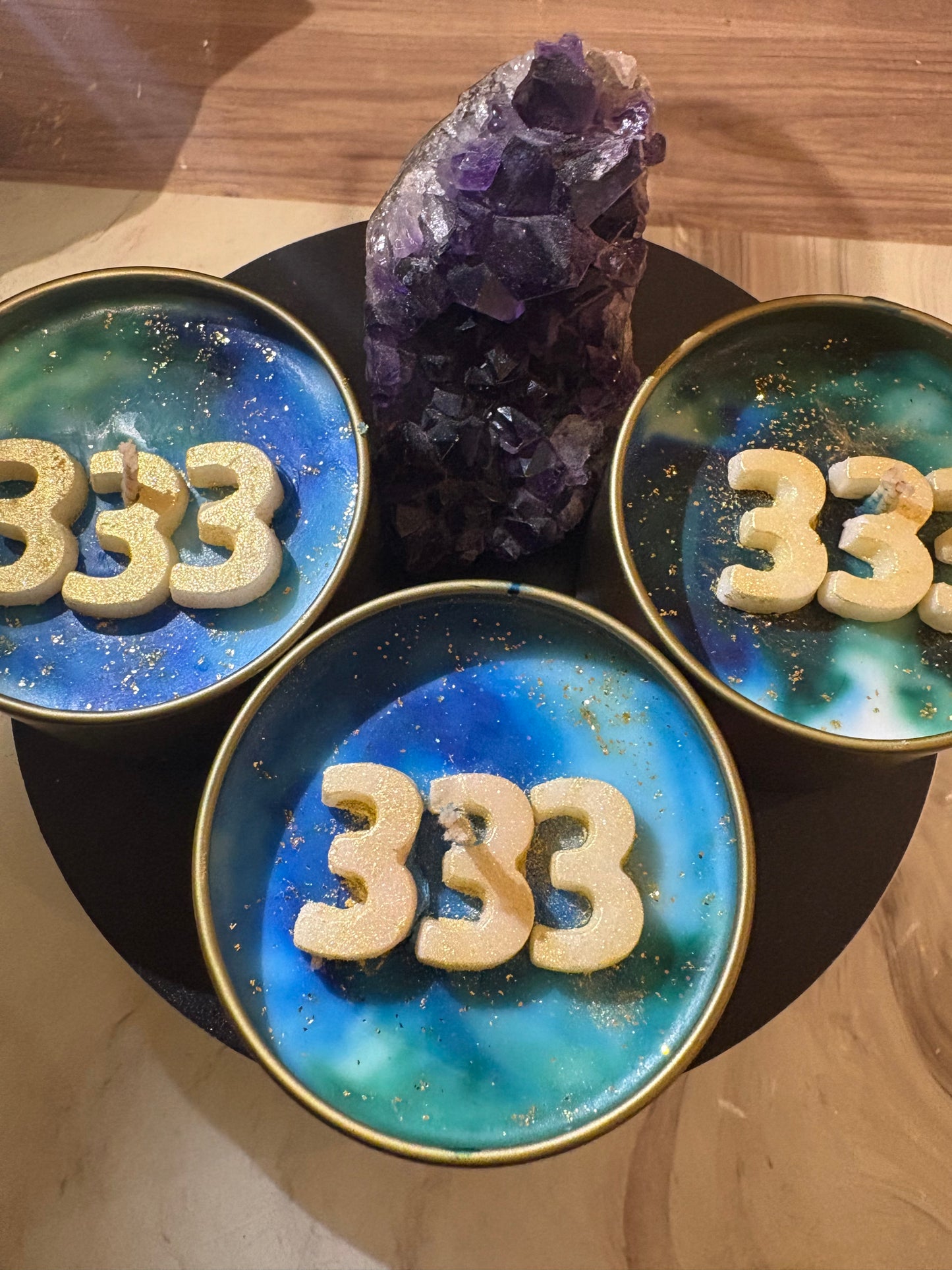 Angel Number 333 Candle - Blue Soy Wax with Golden Accents for Unique Decorative Lighting Spiritual Candle Hand Poured Home Decor Scented Gift