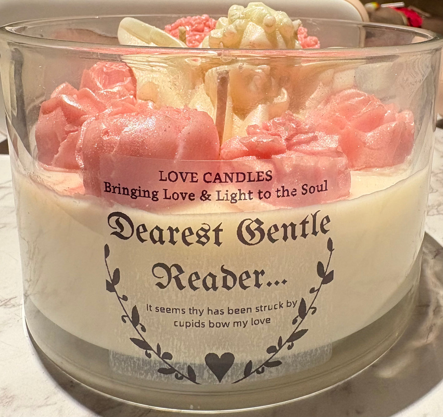 Love Candles Dearest Gentle Reader Hand Poured Scented Candle with Pink Roses and Cupid