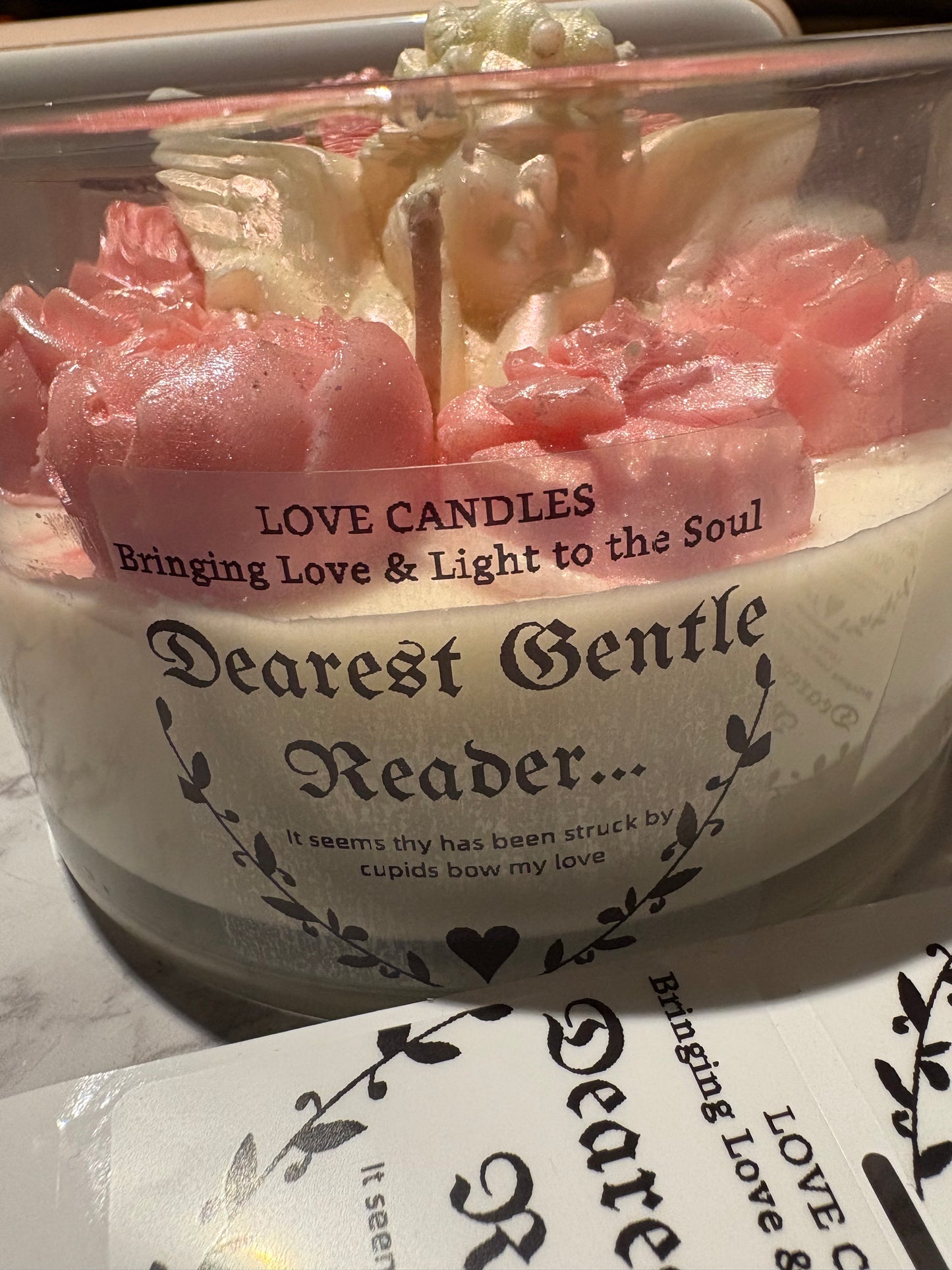 Love Candles Dearest Gentle Reader Hand Poured Scented Candle with Pink Roses and Cupid