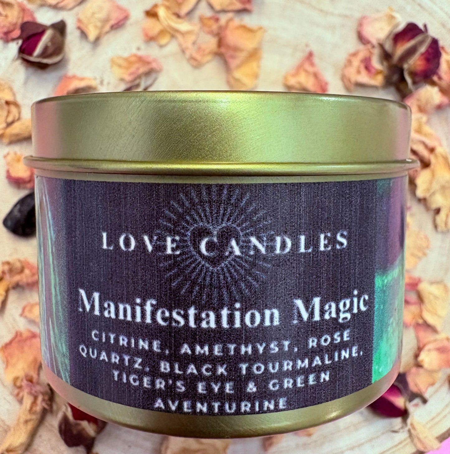 Manifestation Magic Crystal Candle – Tigers Eye, Rose Quartz, Amethyst, Citrine, Black Tourmaline & Green Aventurine | Hand-Poured Soy Wax Candle