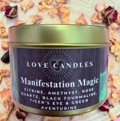 Manifestation Magic Crystal Candle – Tigers Eye, Rose Quartz, Amethyst, Citrine, Black Tourmaline & Green Aventurine | Hand-Poured Soy Wax Candle