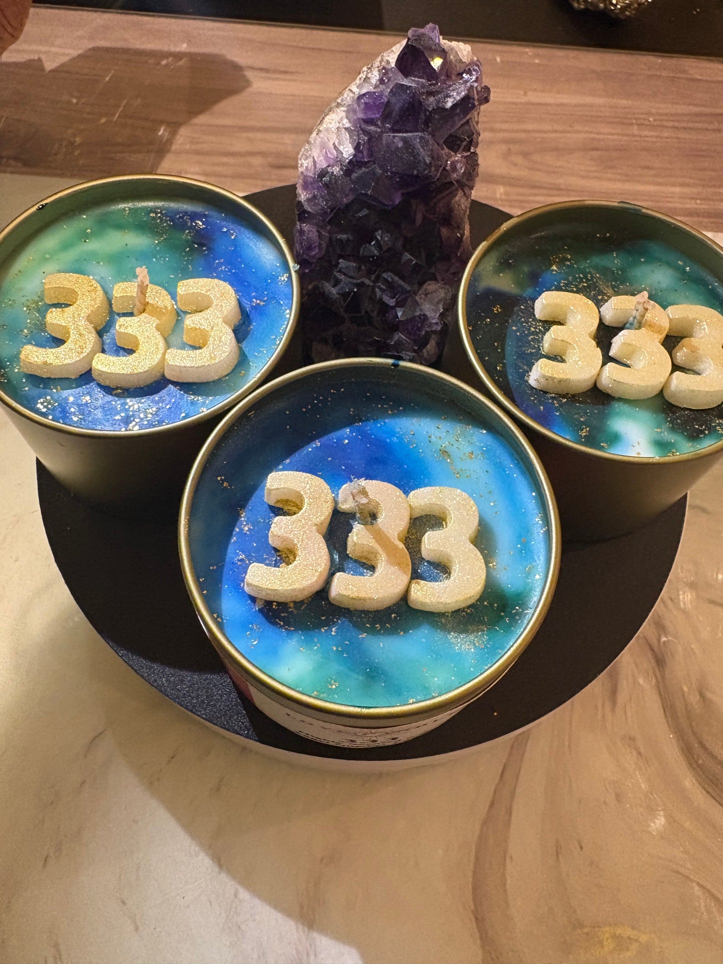 Angel Number 333 Candle - Blue Soy Wax with Golden Accents for Unique Decorative Lighting Spiritual Candle Hand Poured Home Decor Scented Gift