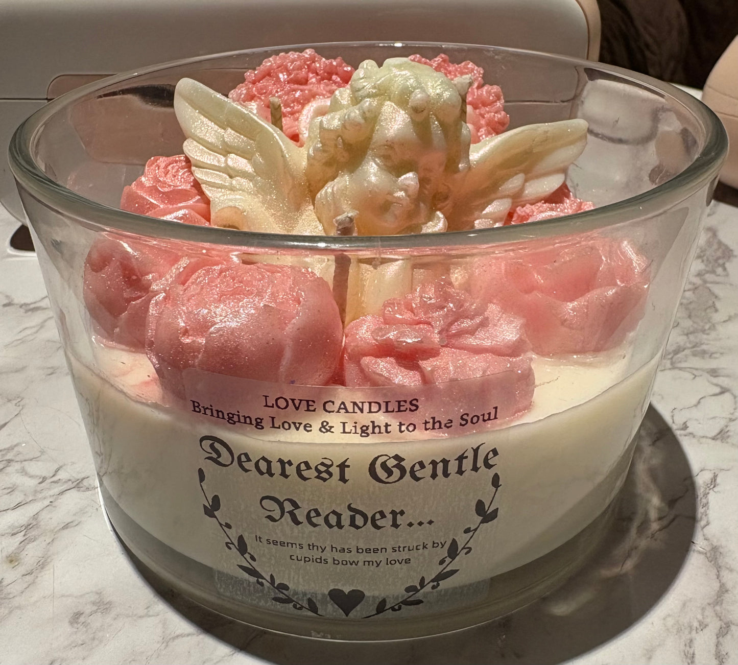 Love Candles Dearest Gentle Reader Hand Poured Scented Candle with Pink Roses and Cupid