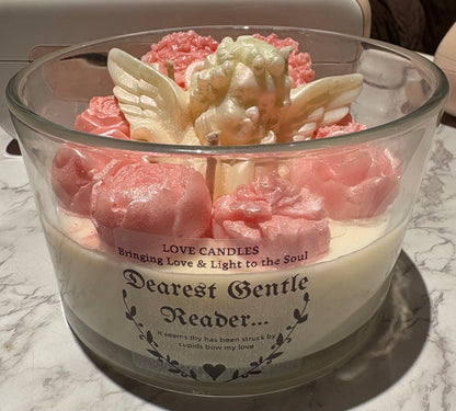 Love Candles Dearest Gentle Reader Hand Poured Scented Candle with Pink Roses and Cupid