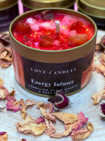 Energy Infuser Crystal Candle – Carnelian & Clear Quartz | Hand-Poured Soy Wax Candle