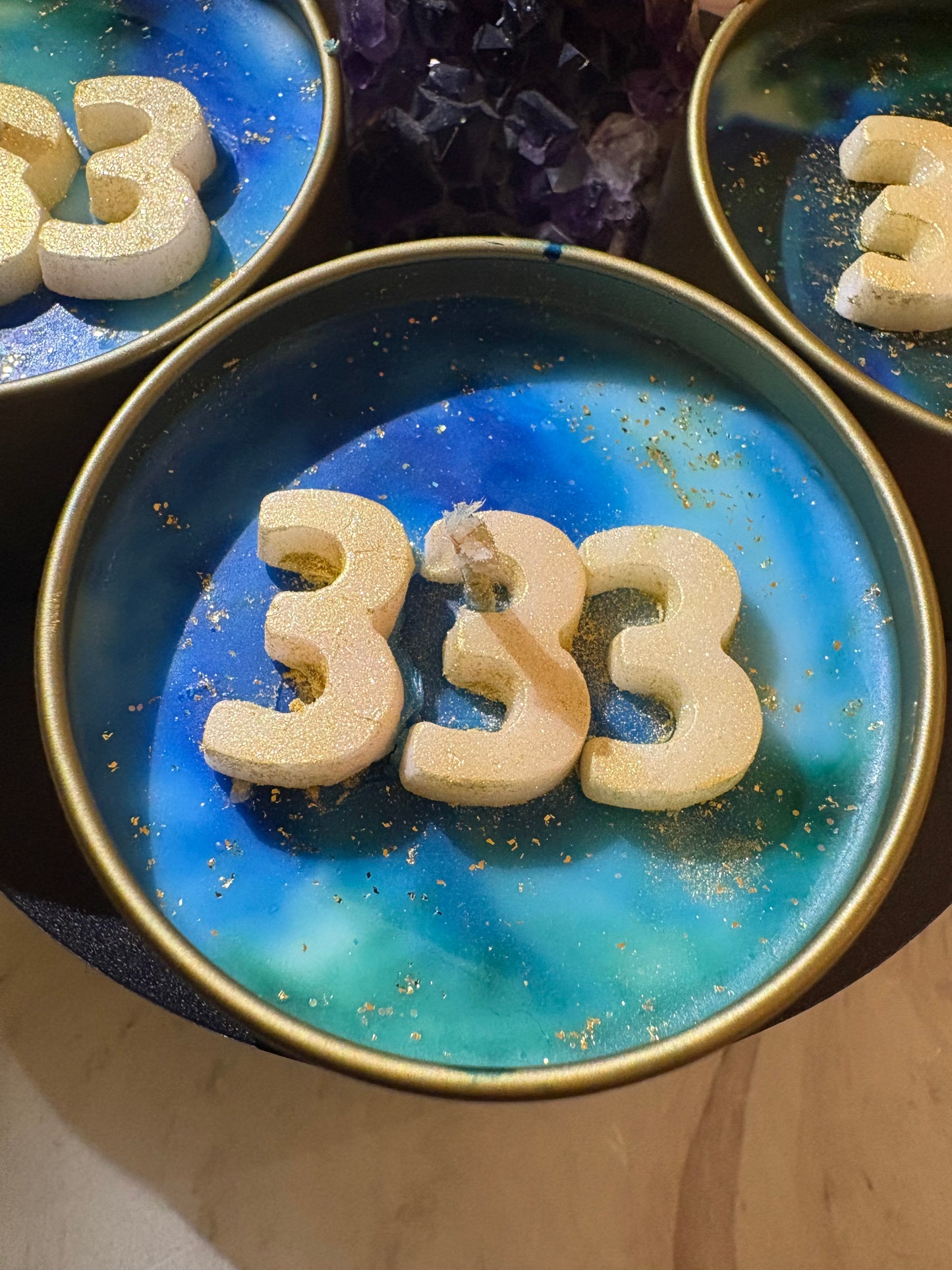 Angel Number 333 Candle - Blue Soy Wax with Golden Accents for Unique Decorative Lighting Spiritual Candle Hand Poured Home Decor Scented Gift