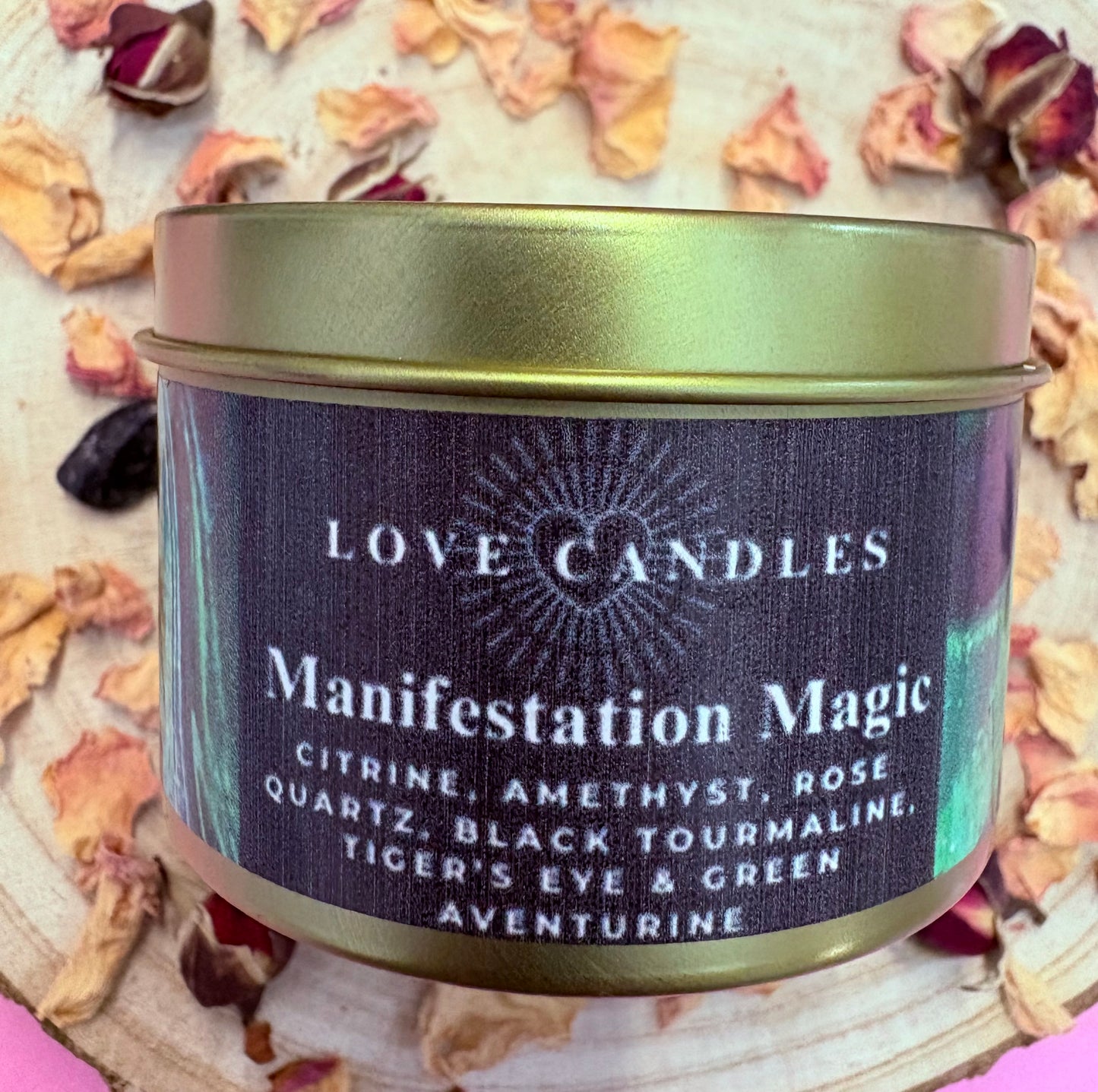 Manifestation Magic Crystal Candle – Tigers Eye, Rose Quartz, Amethyst, Citrine, Black Tourmaline & Green Aventurine | Hand-Poured Soy Wax Candle