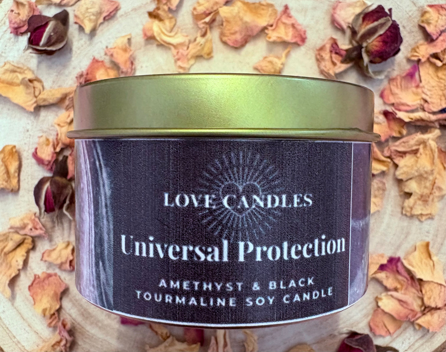 Universal Protection Crystal Candle – Black Tourmaline & Amethyst | Hand-Poured Soy Wax Candle
