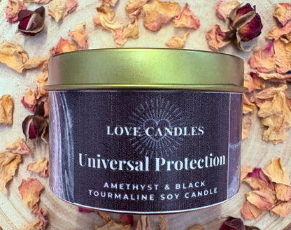Universal Protection Crystal Candle – Black Tourmaline & Amethyst | Hand-Poured Soy Wax Candle