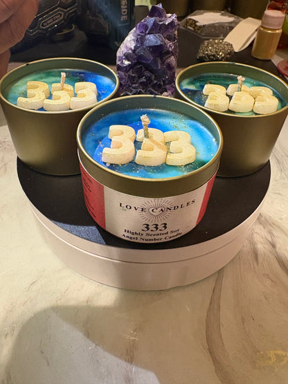 Angel Number 333 Candle - Blue Soy Wax with Golden Accents for Unique Decorative Lighting Spiritual Candle Hand Poured Home Decor Scented Gift