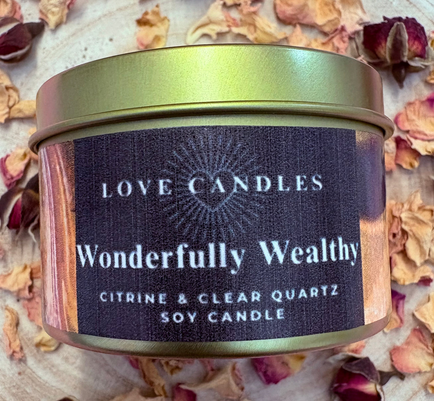 Wonderfully Wealthy Crystal Candle – Citrine, Tiger’s Eye, Green Aventurine & Clear Quartz | Soy Wax