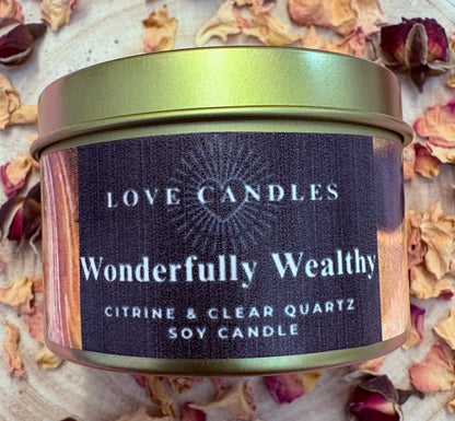 Wonderfully Wealthy Crystal Candle – Citrine, Tiger’s Eye, Green Aventurine & Clear Quartz | Soy Wax