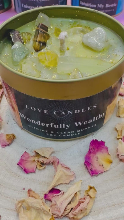 Wonderfully Wealthy Crystal Candle – Citrine, Tiger’s Eye, Green Aventurine & Clear Quartz | Soy Wax