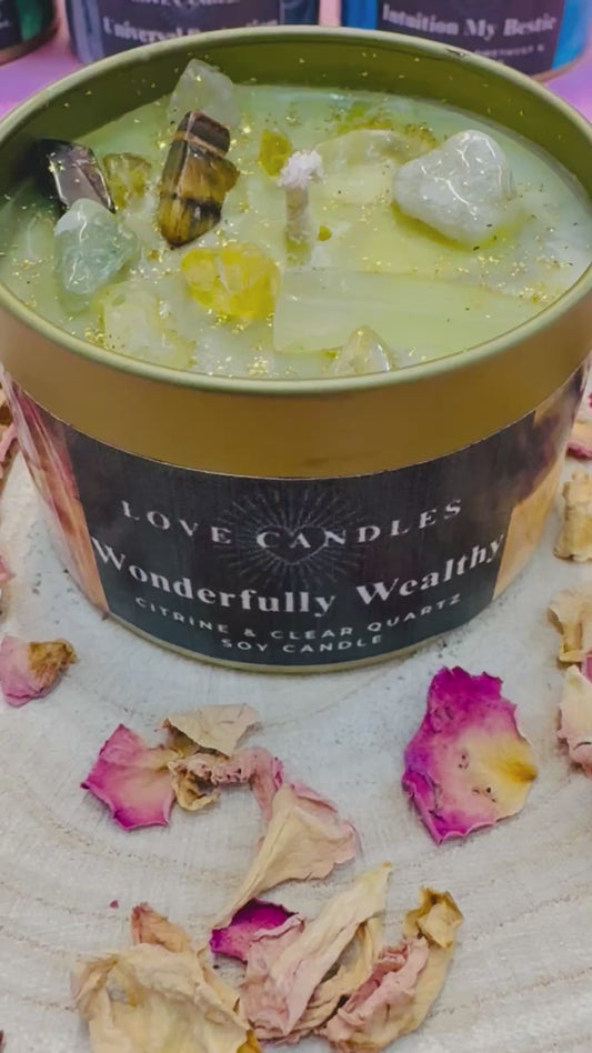 Wonderfully Wealthy Crystal Candle – Citrine, Tiger’s Eye, Green Aventurine & Clear Quartz | Soy Wax
