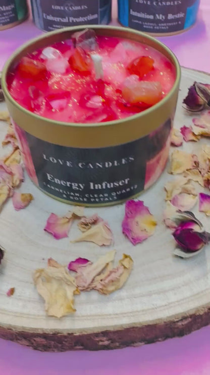 Energy Infuser Crystal Candle – Carnelian & Clear Quartz | Hand-Poured Soy Wax Candle