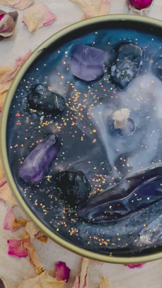 Universal Protection Crystal Candle – Black Tourmaline & Amethyst | Hand-Poured Soy Wax Candle